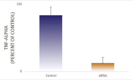 ELISA data demonstrating successful knockdown of TNF alpha in mice 30 hours after treatment with QX23 siRNA (Control = Scrambled Control (Product Number QC1), siRNA = QX23 treatment)