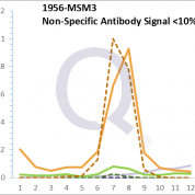 Analysis of Mass Spec data (dashed-line) of fractions stained with EGFR MS-QAVA™ monoclonal antibody [Clone: H9B4] (solid-line), reveals that less than 13.1% of signal is attributable to non-specific binding of anti-EGFR [Clone H9B4] to targets other than EGFR protein. Even frequently cited antibodies have much greater non-specific interactions, averaging over 30%. Data in image is from analysis in Jurkat, U202 and HeLa cells.