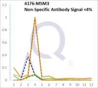 Analysis of Mass Spec data (dashed-line) of fractions stained with MCM7 MS-QAVA™ monoclonal antibody [Clone: MCM7/1468] (solid-line), reveals that less than 3.8% of signal is attributable to non-specific binding of anti-MCM7 [Clone: MCM7/1468] to targets other than MCM7 protein. Even frequently cited antibodies have much greater non-specific interactions, averaging over 30%. Data in image is from analysis in A431, RT4 and MCF7 cells.