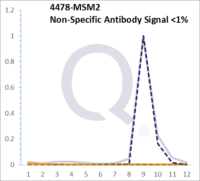 Analysis of Mass Spec data (dashed-line) of fractions stained with Moesin MS-QAVA™ monoclonal antibody [Clone: MSN/492] (solid-line), reveals that less than 0.7% of signal is attributable to non-specific binding of anti-Moesin [Clone MSN/492] to targets other than MSN protein. Even frequently cited antibodies have much greater non-specific interactions, averaging over 30%. Data in image is from analysis in A431, RT4 and MCF7 cells.