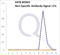 Analysis of Mass Spec data (dashed-line) of fractions stained with Moesin MS-QAVA™ monoclonal antibody [Clone: MSN/493] (solid-line), reveals that less than 0.7% of signal is attributable to non-specific binding of anti-Moesin [Clone MSN/493] to targets other than MSN protein. Even frequently cited antibodies have much greater non-specific interactions, averaging over 30%. Data in image is from analysis in A431, RT4 and MCF7 cells.