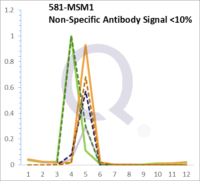 Analysis of Mass Spec data (dashed-line) of fractions stained with Bax MS-QAVA™ monoclonal antibody [Clone: 2D2] (solid-line), reveals that less than 10.4% of signal is attributable to non-specific binding of anti-Bax Anti-Human, Monkey [Clone 2D2] to targets other than BAX protein. Even frequently cited antibodies have much greater non-specific interactions, averaging over 30%. Data in image is from analysis in A431, RT4 and MCF7 cells.