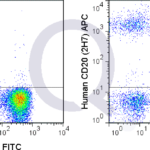 Human PBMCs were stained with 5 uL  (solid line) or 0.25 ug APC Mouse IgG2b isotype control (dashed line). Flow Cytometry Data from 10,000 events.