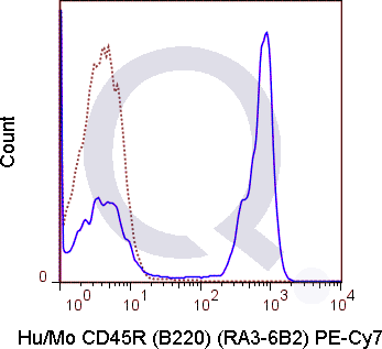 C57Bl/6 splenocytes were stained with 0.125 ug PE-Cy7 Anti-Hu/Mo CD45R .