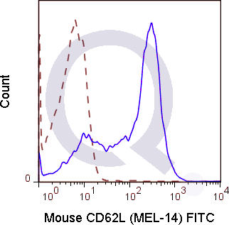 C57Bl/6 splenocytes were stained with 0.06 ug FITC Mouse Anti-CD62L  (solid line) or 0.06 ug FITC Rat IgG2a isotype control (dashed line). Flow Cytometry Data from 10,000 events.
