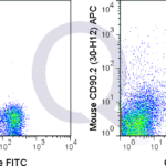 C57Bl/6 splenocytes were stained with FITC Mouse Anti-CD3e  and 0.125 ug APC Mouse Anti-CD90.2 (QAB52) (right panel) or 0.125 ug APC Rat IgG2b isotype control (left panel).