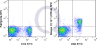 C57Bl/6 splenocytes were stained with FITC Mouse Anti-CD3  and 0.25 ug APC Mouse Anti-CD127 (QAB55) (right panel) or 0.25 ug APC Rat IgG2a isotype control (left panel).