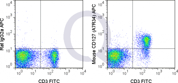 C57Bl/6 splenocytes were stained with FITC Mouse Anti-CD3  and 0.25 ug APC Mouse Anti-CD127 (QAB55) (right panel) or 0.25 ug APC Rat IgG2a isotype control (left panel).