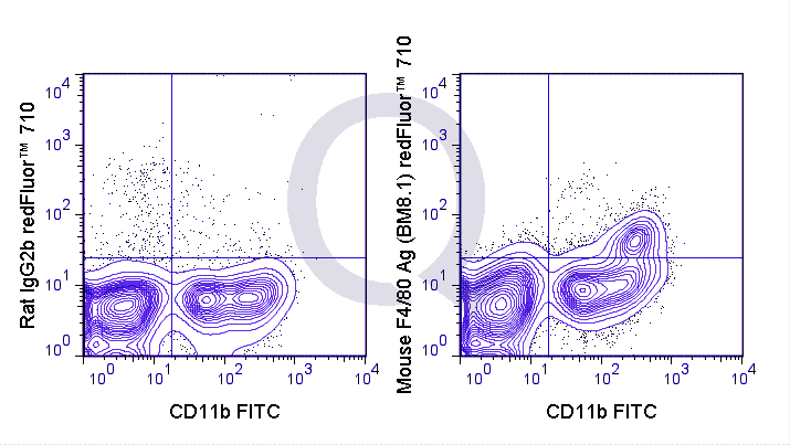 C57Bl/6 bone marrow cells were stained with FITC Mouse Anti-CD11b  and 0.25 ug Qfluor™ 710 Mouse Anti-F4/80 Antigen (QAB68) (right panel) or 0.25 ug Qfluor™ 710 Rat IgG2b isotype control (left panel).