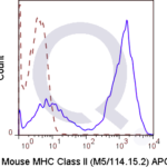 C57Bl/6 splenocytes were stained with 0.06 ug Mouse Anti-MHC Class II APC (QAB70) (solid line) or 0.06 ug Rat IgG2b APC isotype control (dashed line). Flow Cytometry Data from 10,000 events.