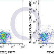 C57Bl/6 bone marrow cells were stained with FITC Mouse Anti-CD45R  and 0.25 ug APC Mouse Anti-LPAM-1 (QAB73) (rlght panel) or 0.25 ug APC Rat IgG2a isotype control (left panel).
