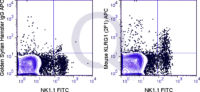 C57Bl/6 splenocytes were stained with FITC Mouse Anti-NK1.1  and 0.06 ug APC Mouse Anti-KLRG1 (QAB74) (right panel) or 0.06 ug APC Golden Syrian Hamster IgG (left panel).