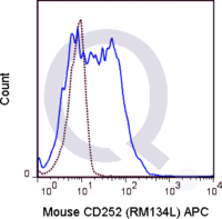 C57Bl/6 splenocytes were stimulated with anti-IgM and anti-CD40 for 4 days. Cells were then stained with 0.25 ug APC Mouse Anti-CD252 (QAB75) (solid line) or 0.25 ug APC Rat IgG2b isotype control (dashed line). Flow Cytometry Data from 10,000 events.