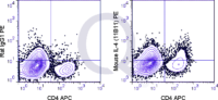 Mouse lymphoid cells were stimulated in the presence of a protein transport inhibitor. Cells were then fixed, permeabilized, stained with APC Mouse Anti-CD4 and intracellularly with 0.125 ug PE Mouse Anti-IL-4 (QAB81) (right panel) or 0.125 ug PE Rat Ig