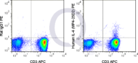 Human PBMCs were stimulated with PMA and Ionomycin and stained with APC Human Anti-CD3 , followed by intracellular staining with 5 uL  (right panel) or 0.125 ug PE Rat IgG1 (left panel).