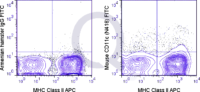 C57Bl/6 splenocytes were stained with APC Mouse Anti-MHC Class II  and 0.25 ug FITC Mouse Anti-CD11c  (QAB23) (right panel) or 0.25 ug FITC Armenian Hamster IgG (left panel).