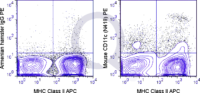 C57Bl/6 splenocytes were stained with APC Mouse Anti-MHC Class II  and 0.25 ug PE Mouse Anti-CD11c (QAB23) (right panel) or 0.25 ug PE Armenian Hamster IgG (left panel).