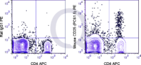 C57Bl/6 splenocytes were stained with APC Mouse Anti-CD4  and 0.125 ug PE Mouse Anti-CD25 (QAB34) (right panel) or 0.125 ug PE Rat IgG1 (left panel).