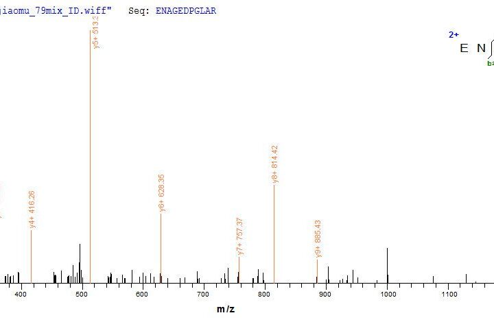 SEQUEST analysis of LC MS/MS spectra obtained from a run with QP5914 identified a match between this protein and the spectra of a peptide sequence that matches a region of Dermcidin / DCD.