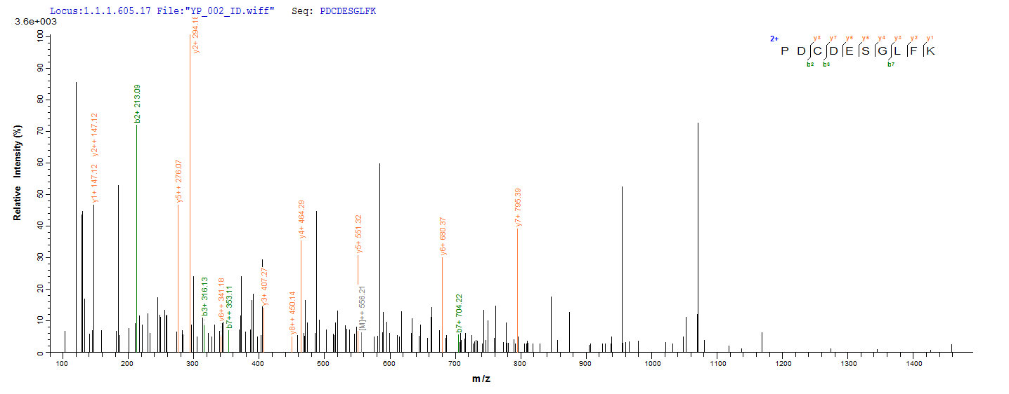 SEQUEST analysis of LC MS/MS spectra obtained from a run with QP6916 identified a match between this protein and the spectra of a peptide sequence that matches a region of EpCAM / TACSTD1.