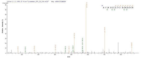 SEQUEST analysis of LC MS/MS spectra obtained from a run with QP9020 identified a match between this protein and the spectra of a peptide sequence that matches a region of C5a / Complement 5a.